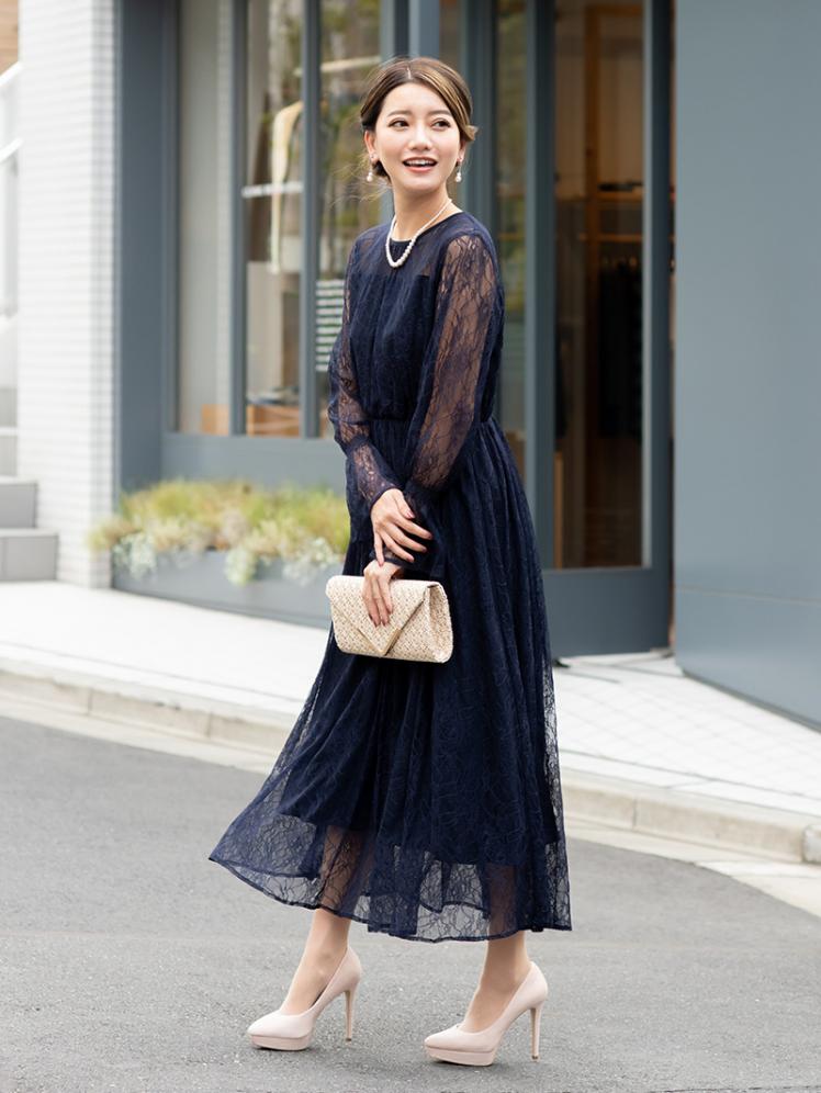 ラッセルレースロングドレス(ネイビー)CR1-325NA-M | パーティドレス