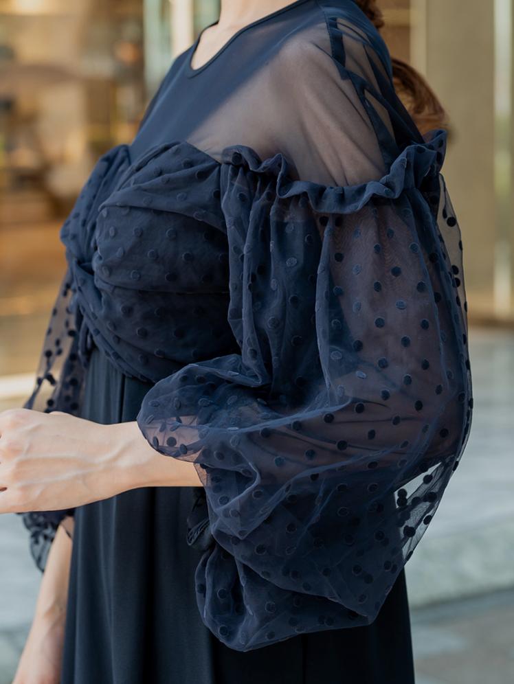 ドットチュールオールインワンパンツドレス(ネイビー)AB3-438NA-M