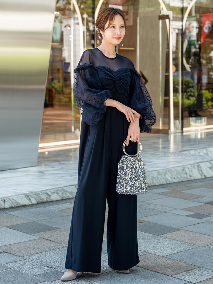 ドットチュールオールインワンパンツドレス(ネイビー)AB3-438NA-M