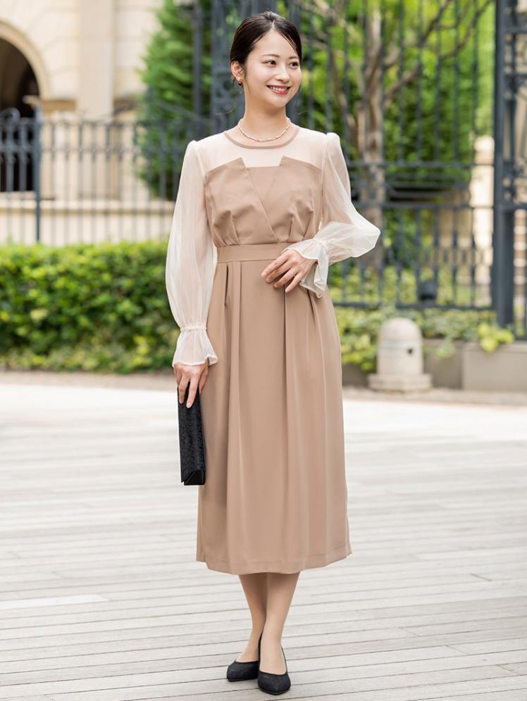 ビスチェ風シアースリーブドレス(モカ)H1-441MOC-M | パーティドレス