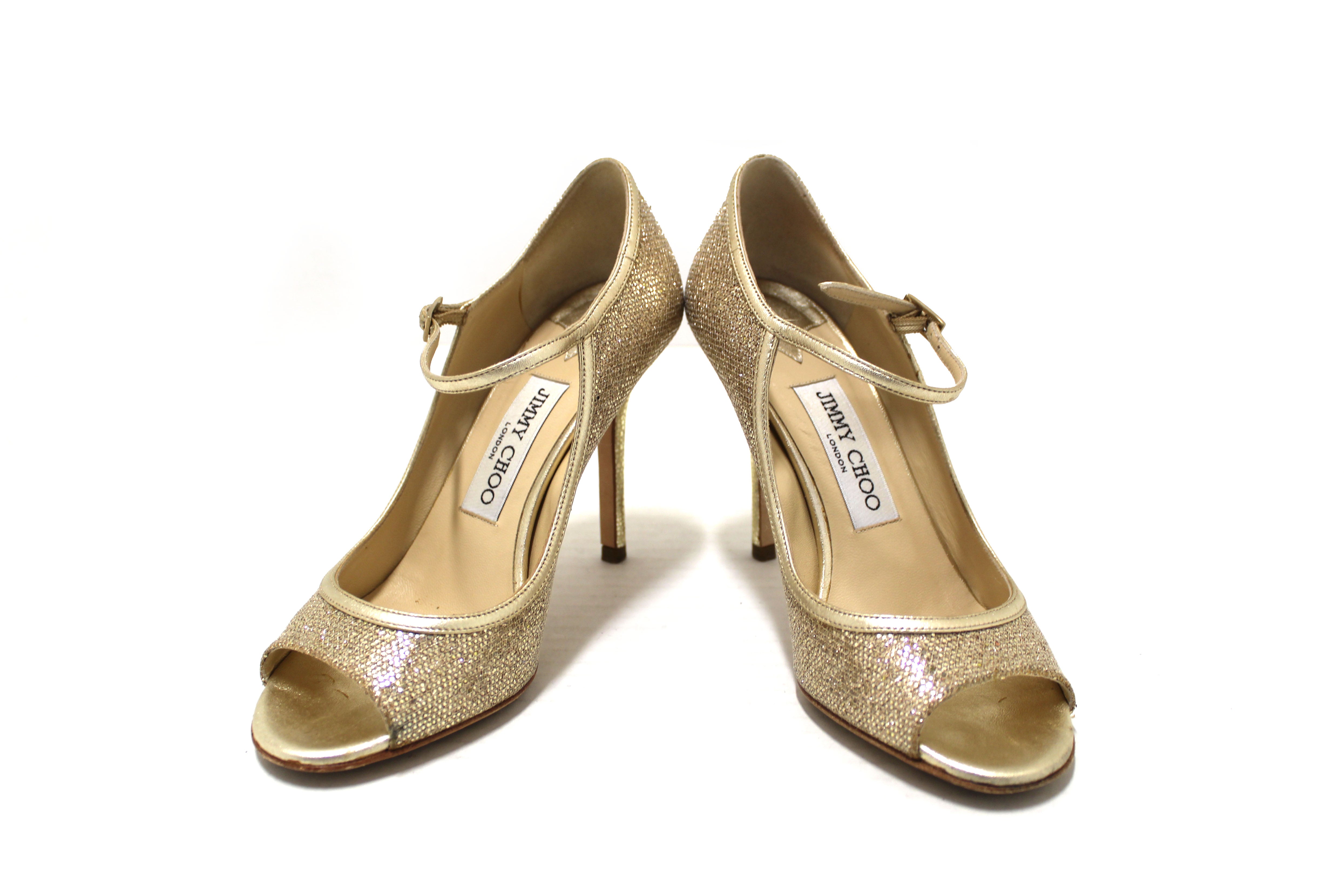 Authentic Jimmy Choo Champagne Gold Glitter Fabric Pump Heel