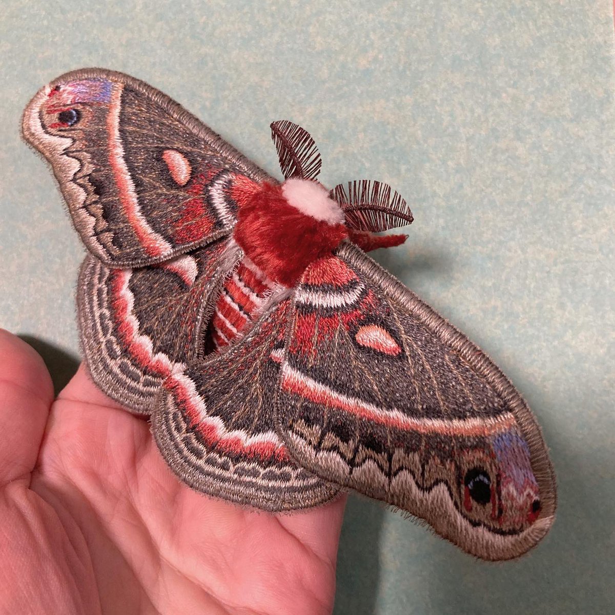 刺繍の蛾。セクロピアサン氏の蛾ブローチ。ダイナミックで美しい方です