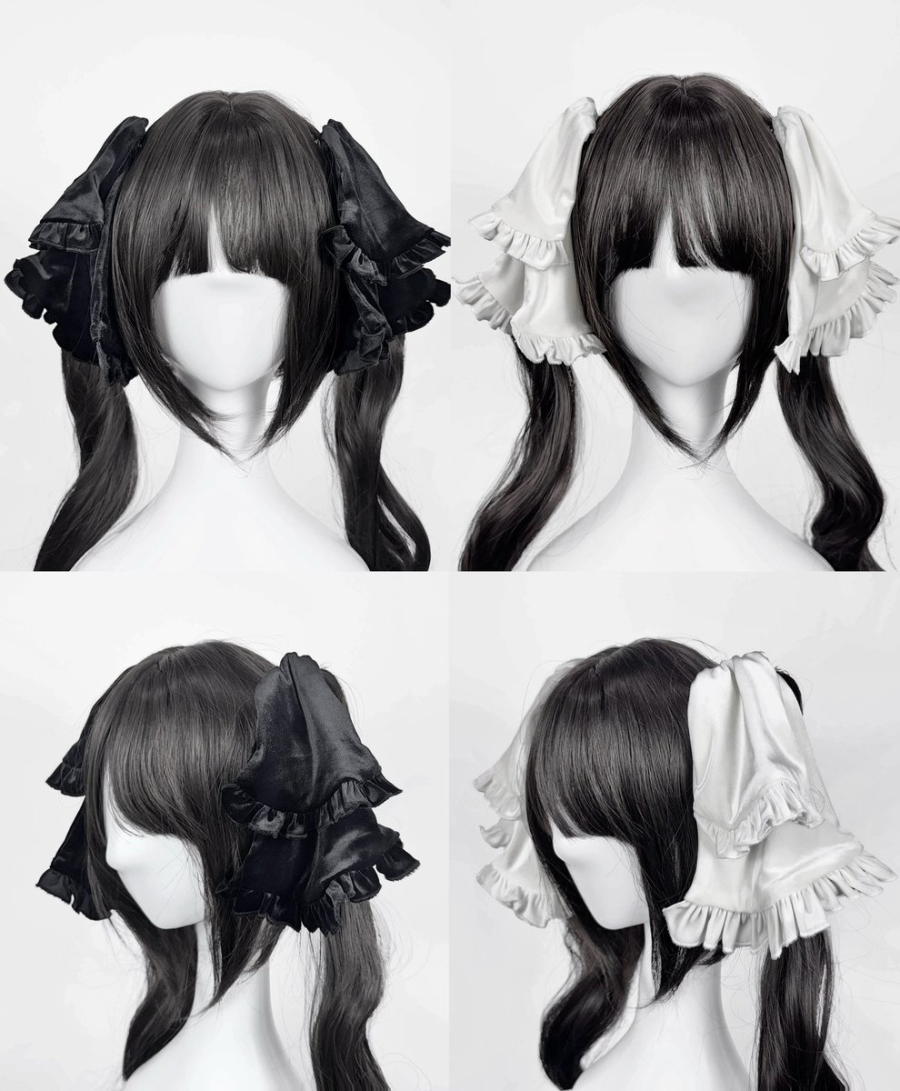 うさみみフリルリボン》 黒/白 ツインテールやハーフツインにぴったり