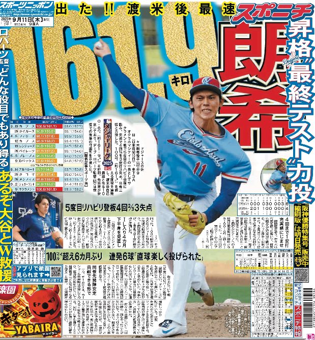 きょう11日付東京版1面 ドジャースの #佐々木朗希 投手(23)が9日(日本