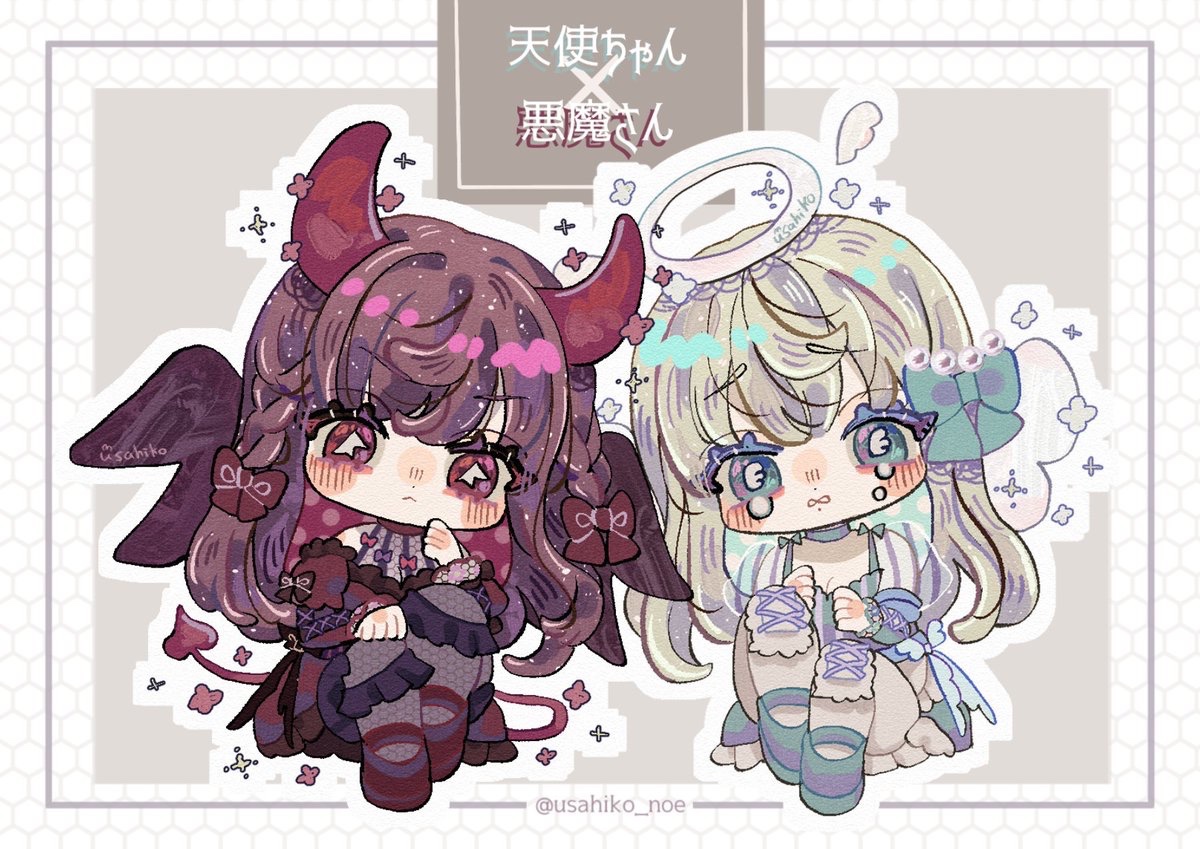 オリジナルイラスト 天使と悪魔ちゃん 色紙大 手描き 原画 女の子