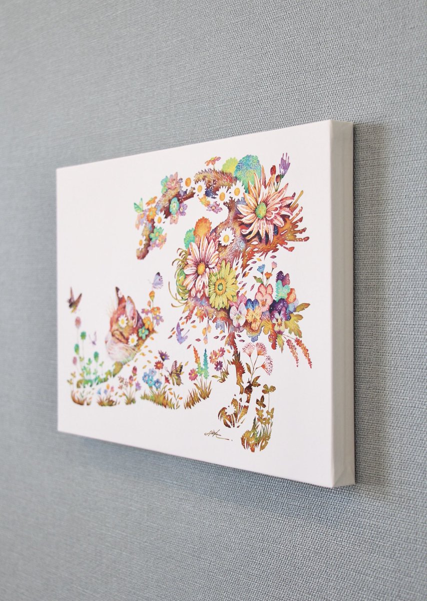 のびるねこ』 タケダヒロキ 2026年制作 透明水彩画 「複製原画 」木製