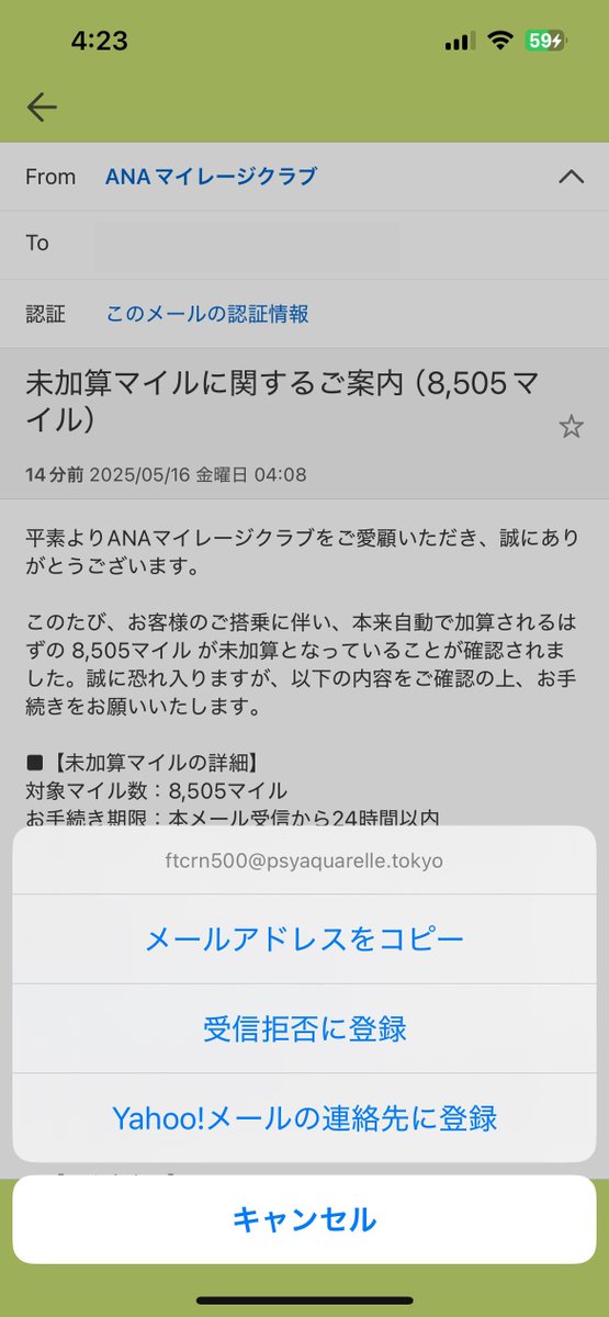 見慣れないフィッシング詐欺のメールが来ていた from ANAマイレージ