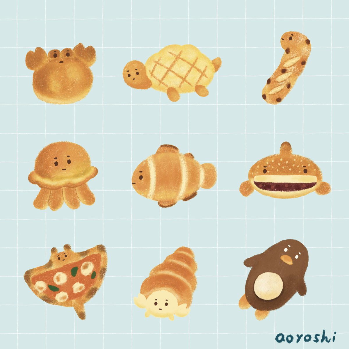 個展のイラストをちょっと紹介🖼️ 『すいぞくぱん』 🦀🪼🦈🐧 #世界