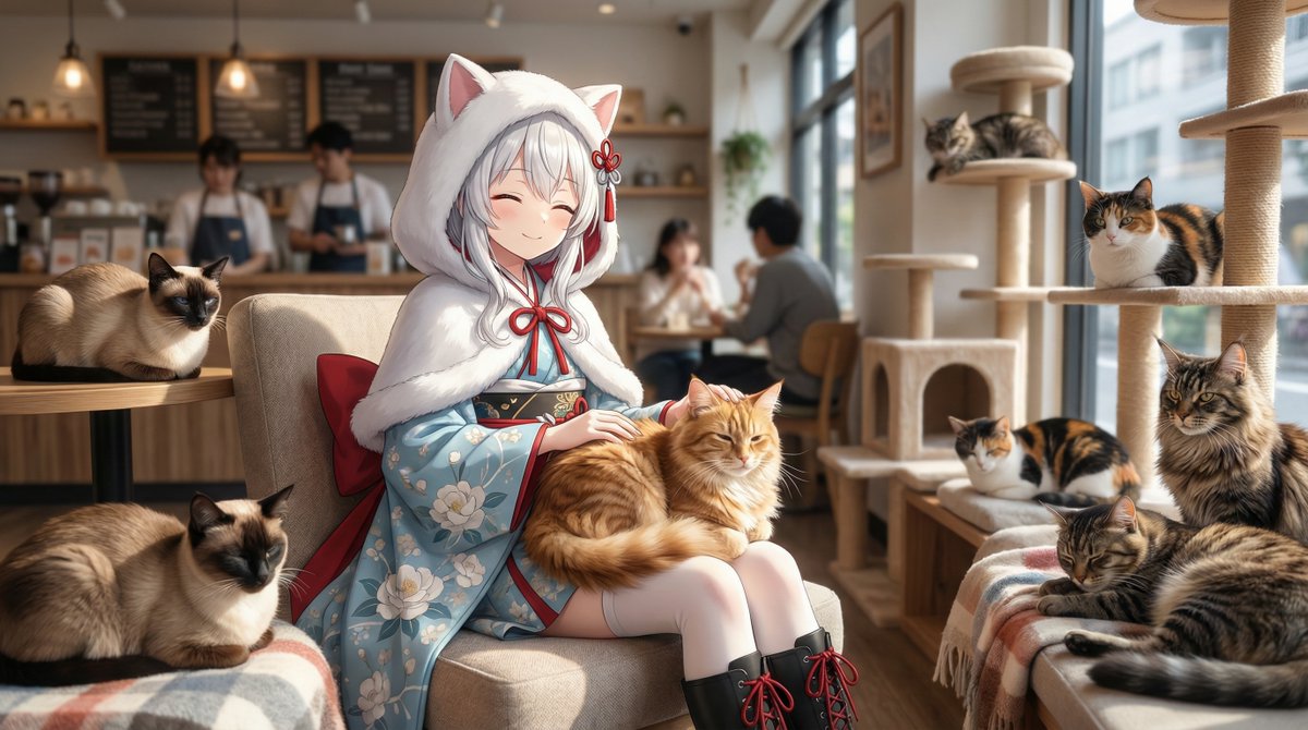 たくさんの猫ちゃんに囲まれて、至福のひととき☺️💕 #AIart #あに