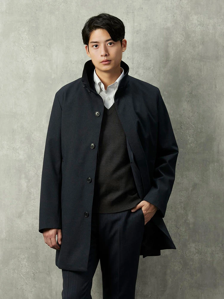 ネイビー 【撥水加工】ラミネート加工 スタンドカラーコート 千鳥