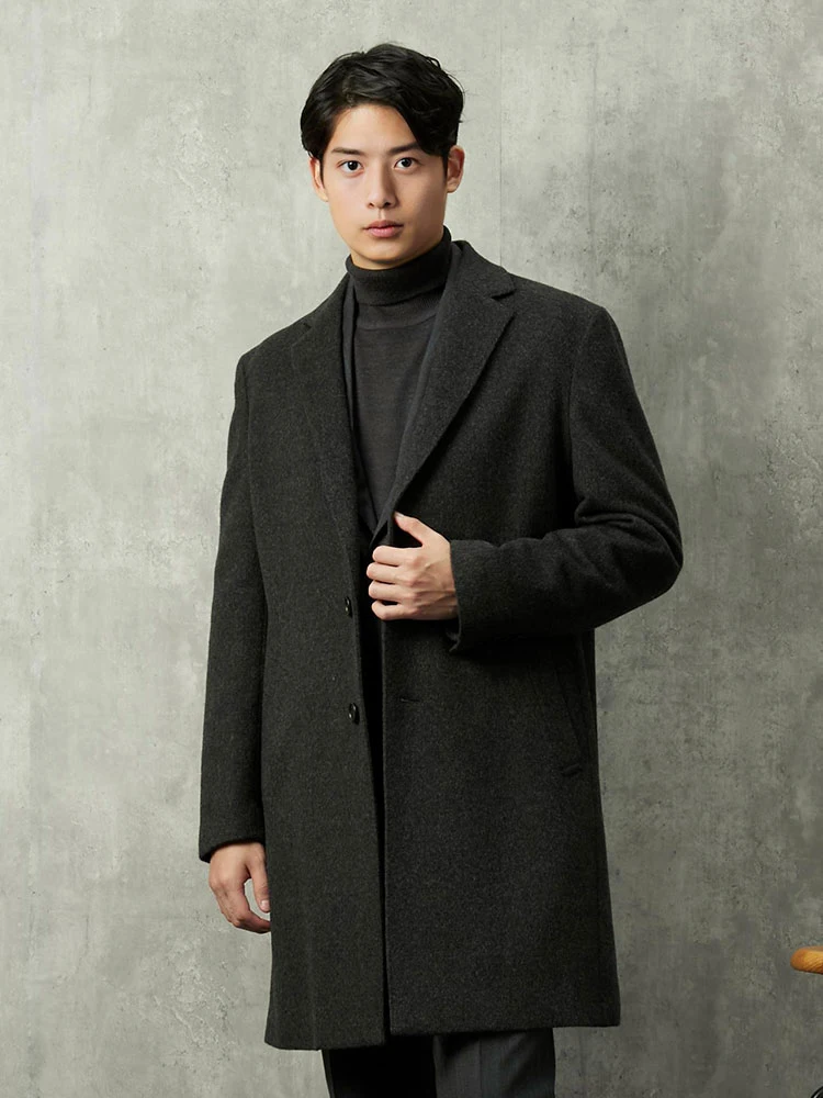 L．グレー カシミヤ混 ウールビーバー生地 チェスターコート ライト