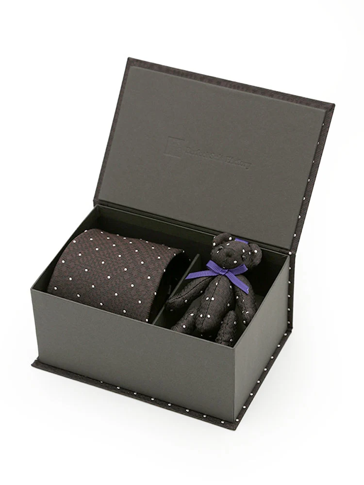 ブラウン ネクタイ＆キーホルダー 2点セットギフトボックス ドット柄