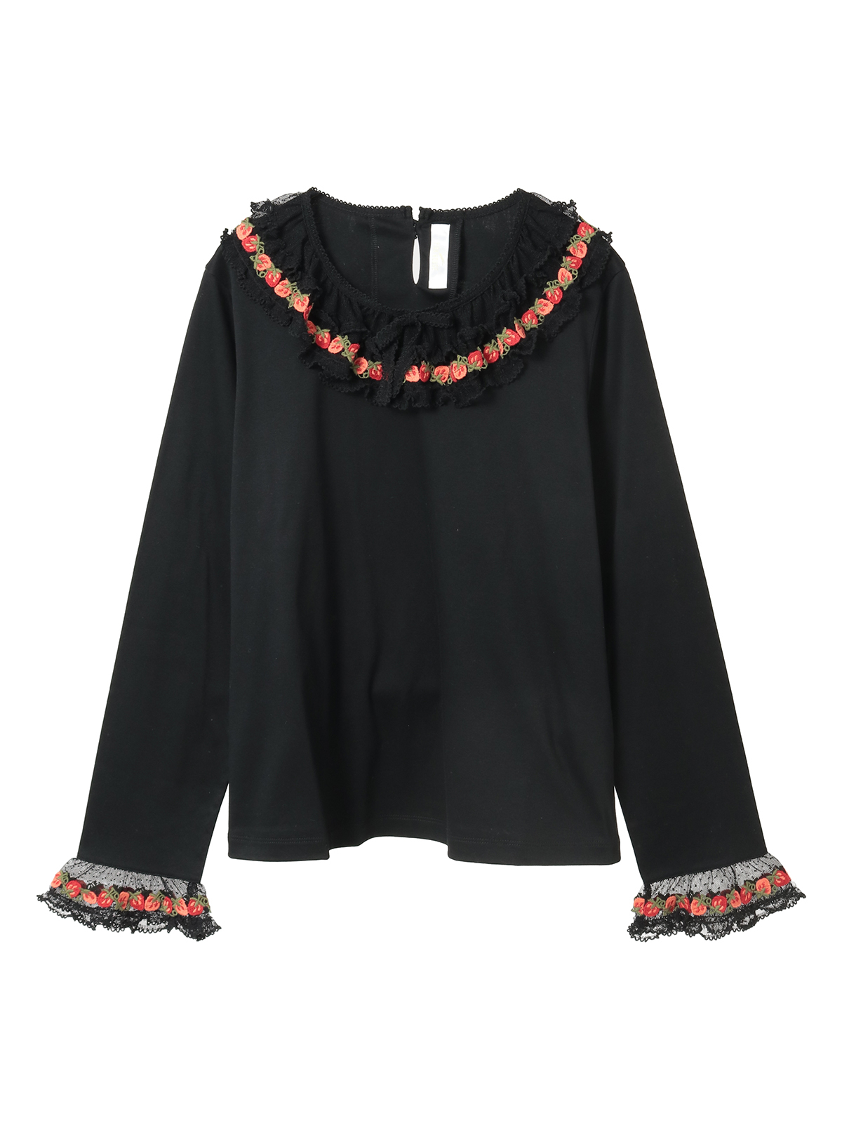 オリジナル苺ブレードレース×ドットチュール襟付きカットソー｜ピンク