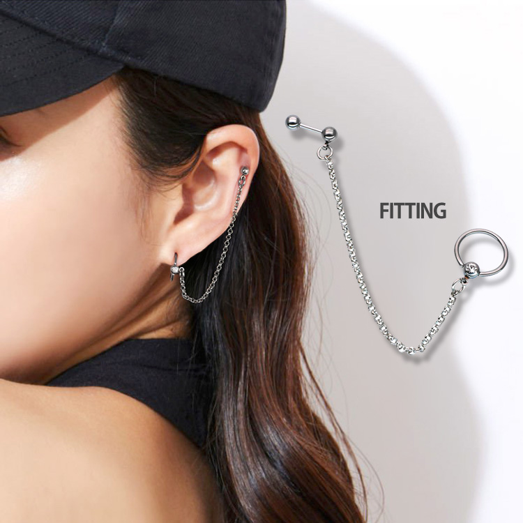 ボディピアス 2つのホールを繋げる ロングチェーンバーベル#リング/16G