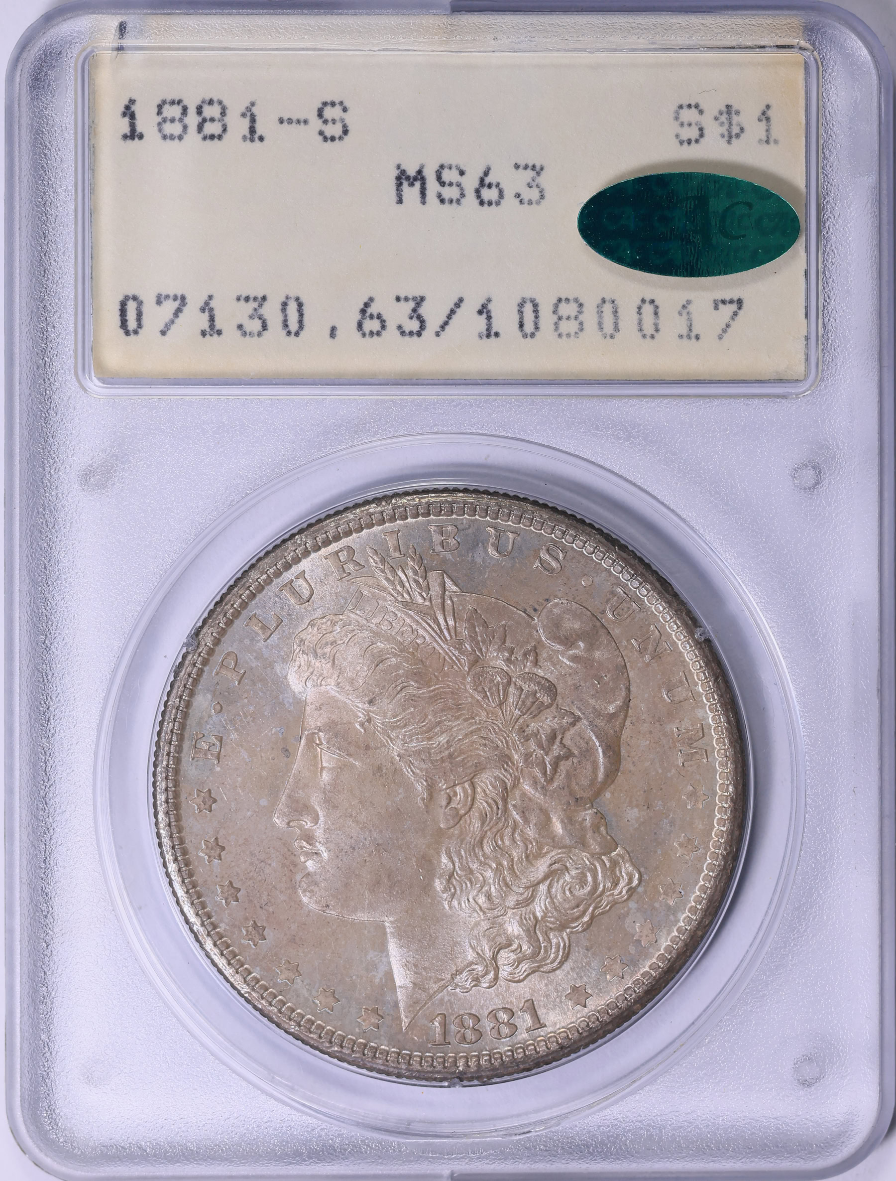 1881-S Morgan Silver Dollar PCGS MS-63 (CAC Green) (Toned) OGH