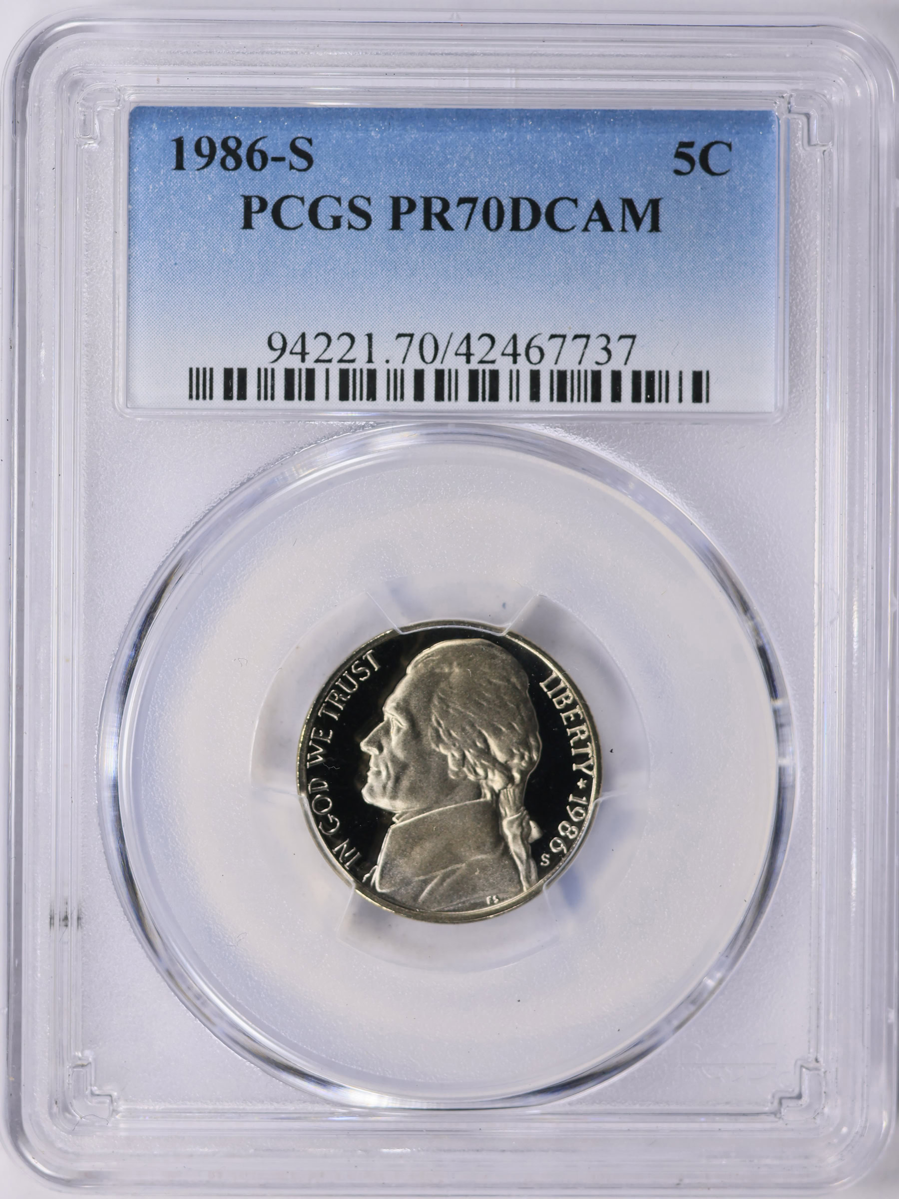 1986-S Jefferson Nickel PCGS Proof-70 DCAM (Item 2077562
