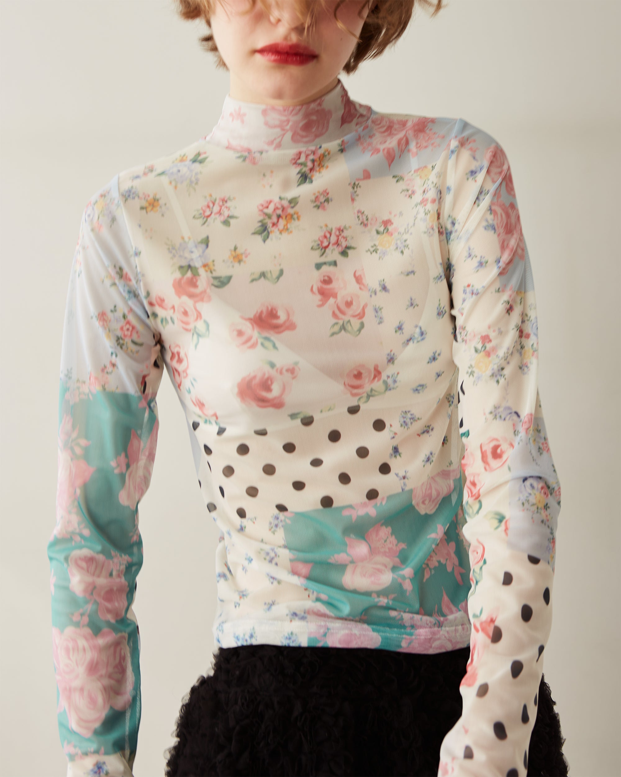 Nostalgic patchwork see-through tops (round neck)