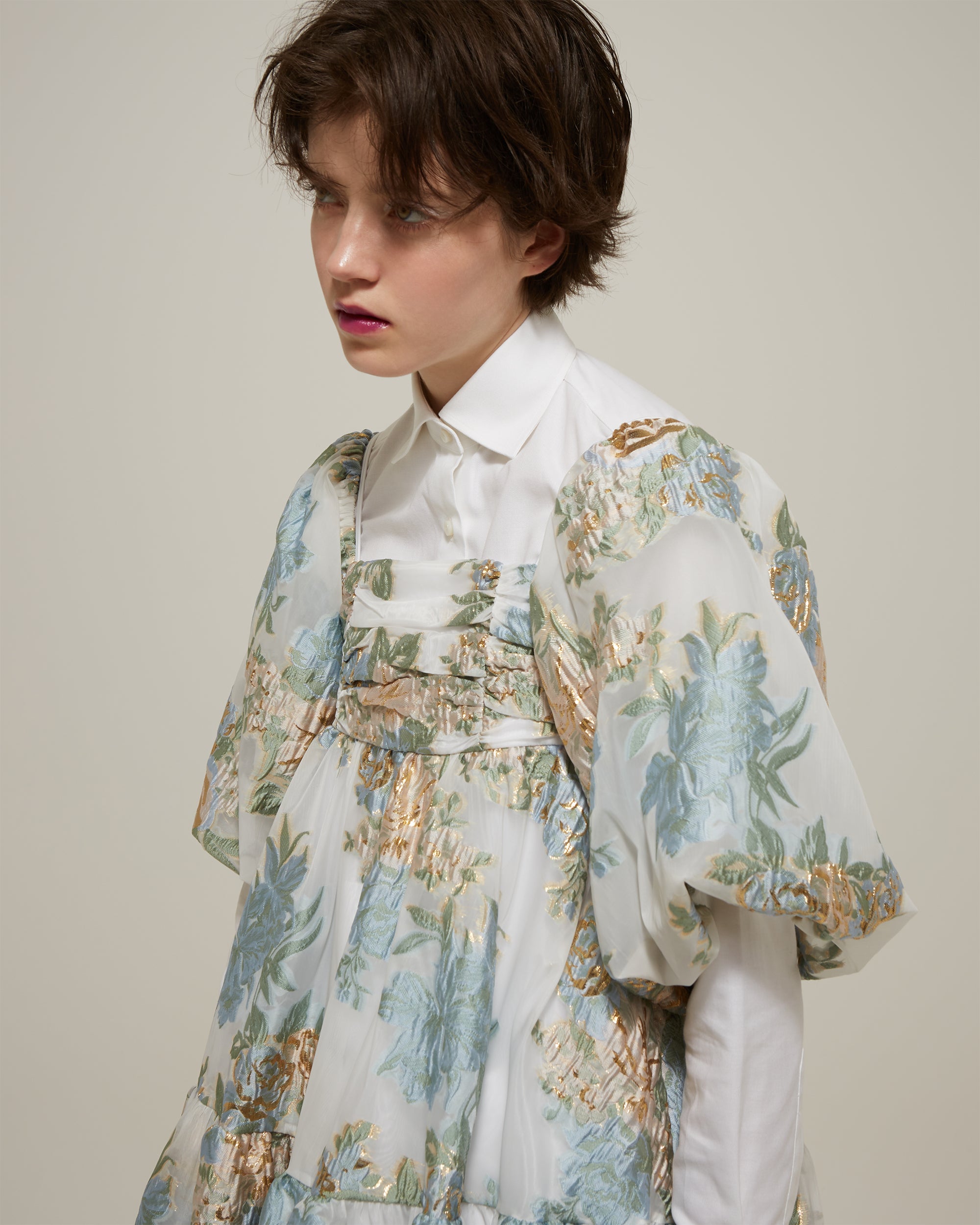 Gold jacquard puff mini dress