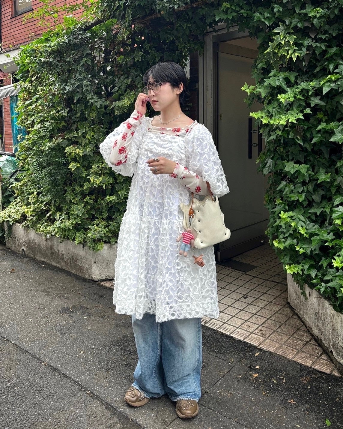 Flower puff sleeve tiered one-piece