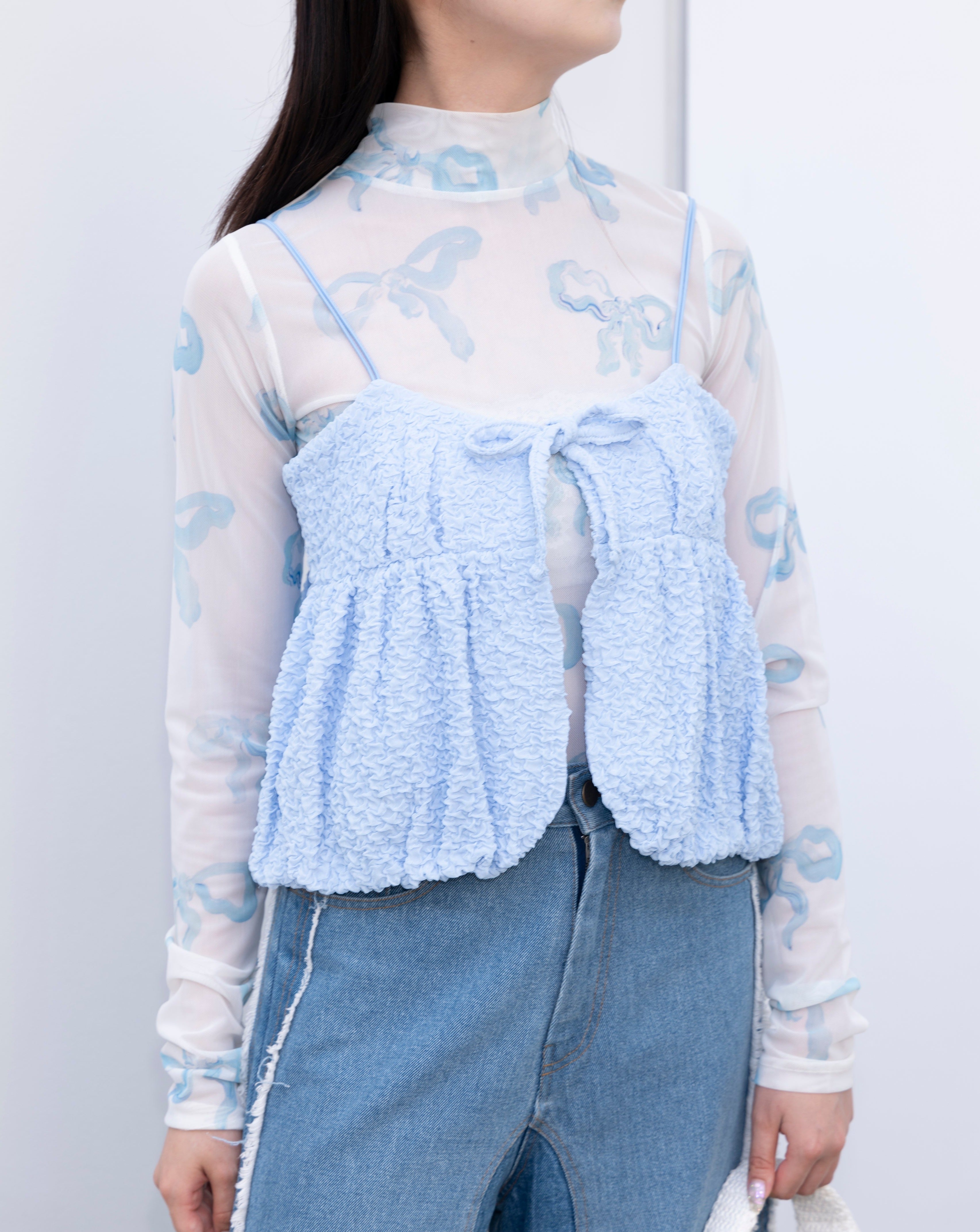 Baby blue ribbon see-through tops (High neck)