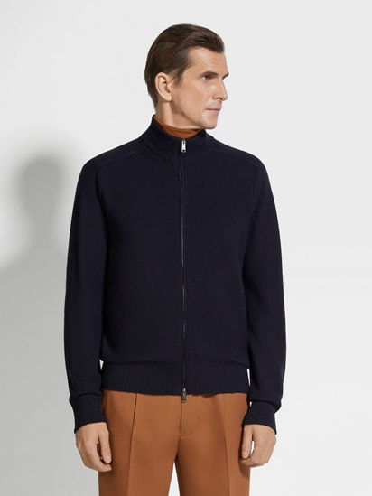 Navy Blue Cashseta Full Zip Cardigan FW25 31835270 | Zegna ROW