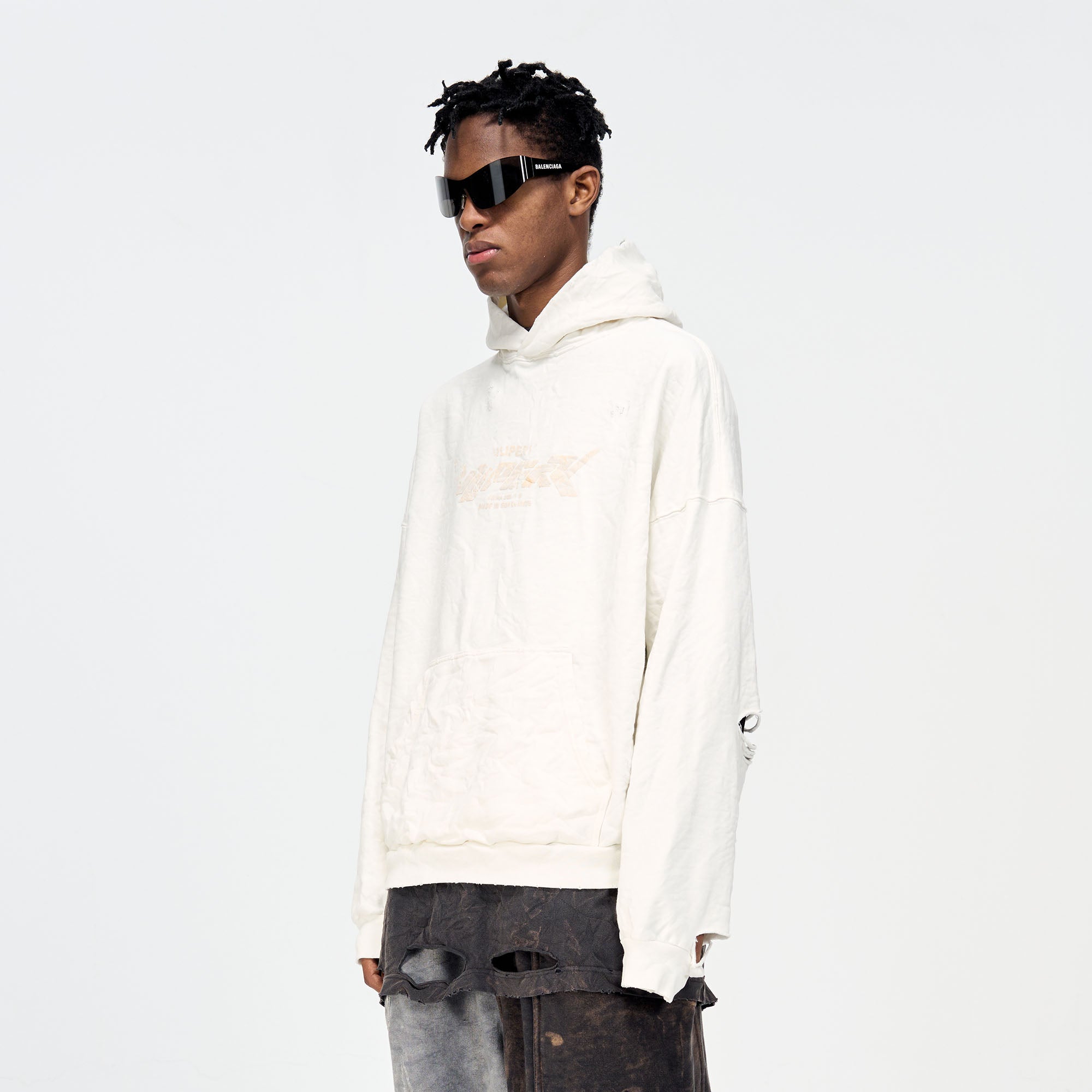 ULIPERY Dirty Fit Distressed Crinkled Hoodie White