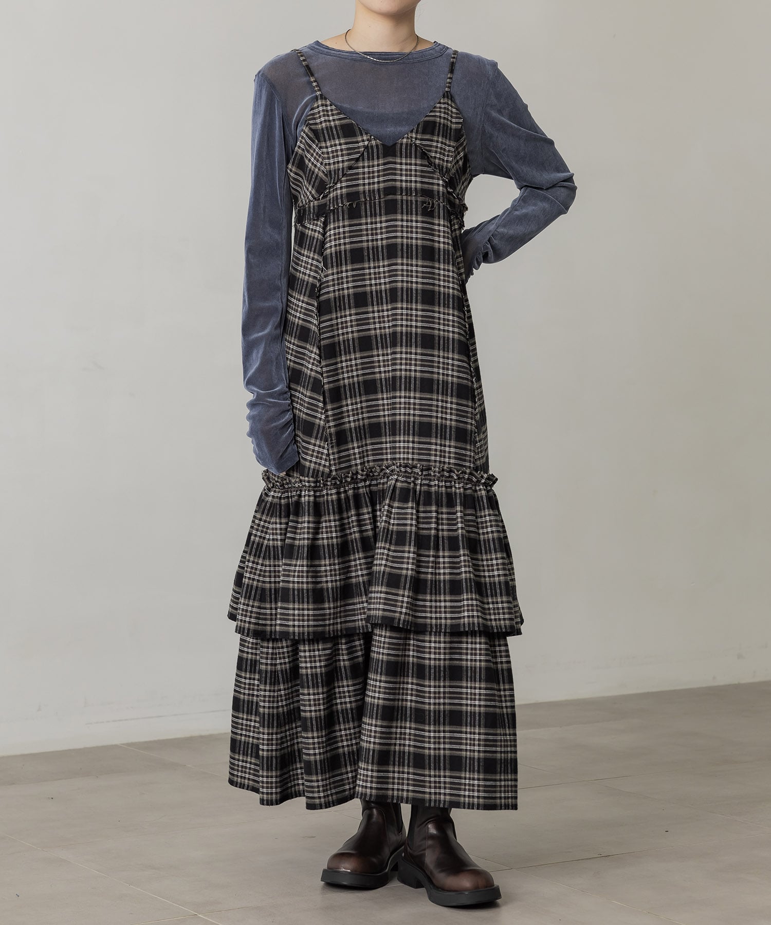 残りわずか〉ティアードチェックキャミワンピ(FREE BLACK