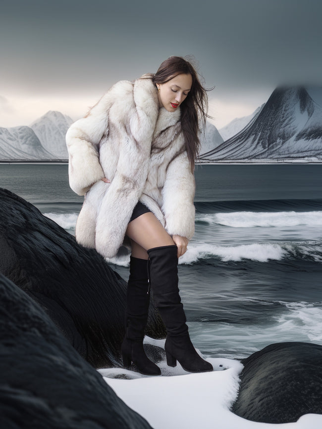 Luxury Blue Fox Fur Coat – White Satin Lined Arctic Glamour