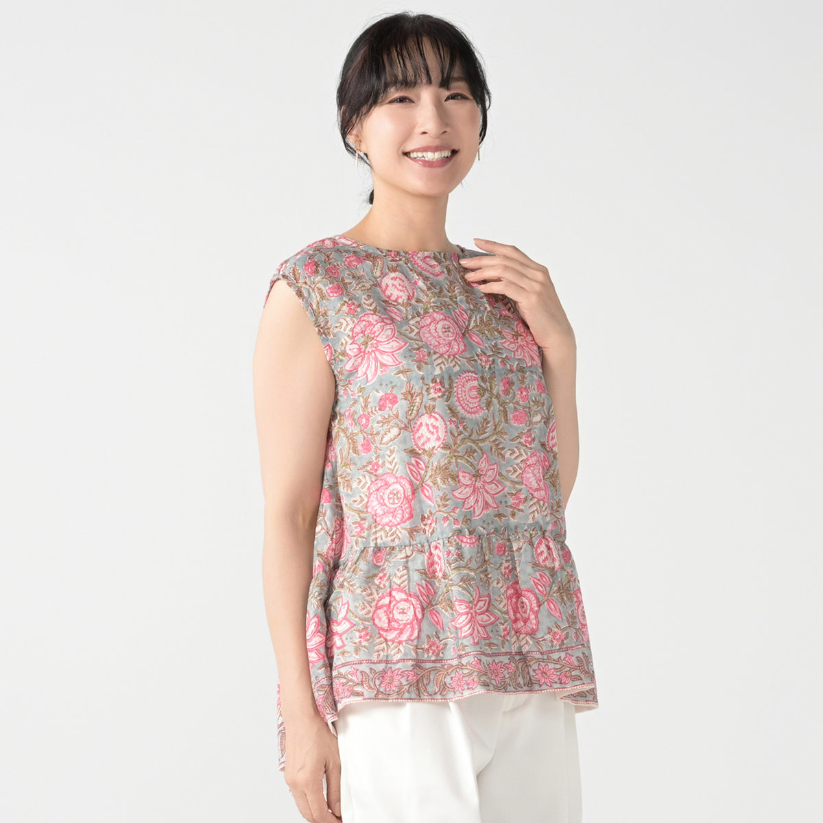 myM インド綿ブロックプリントノースリーブチュニック マイエム（myM