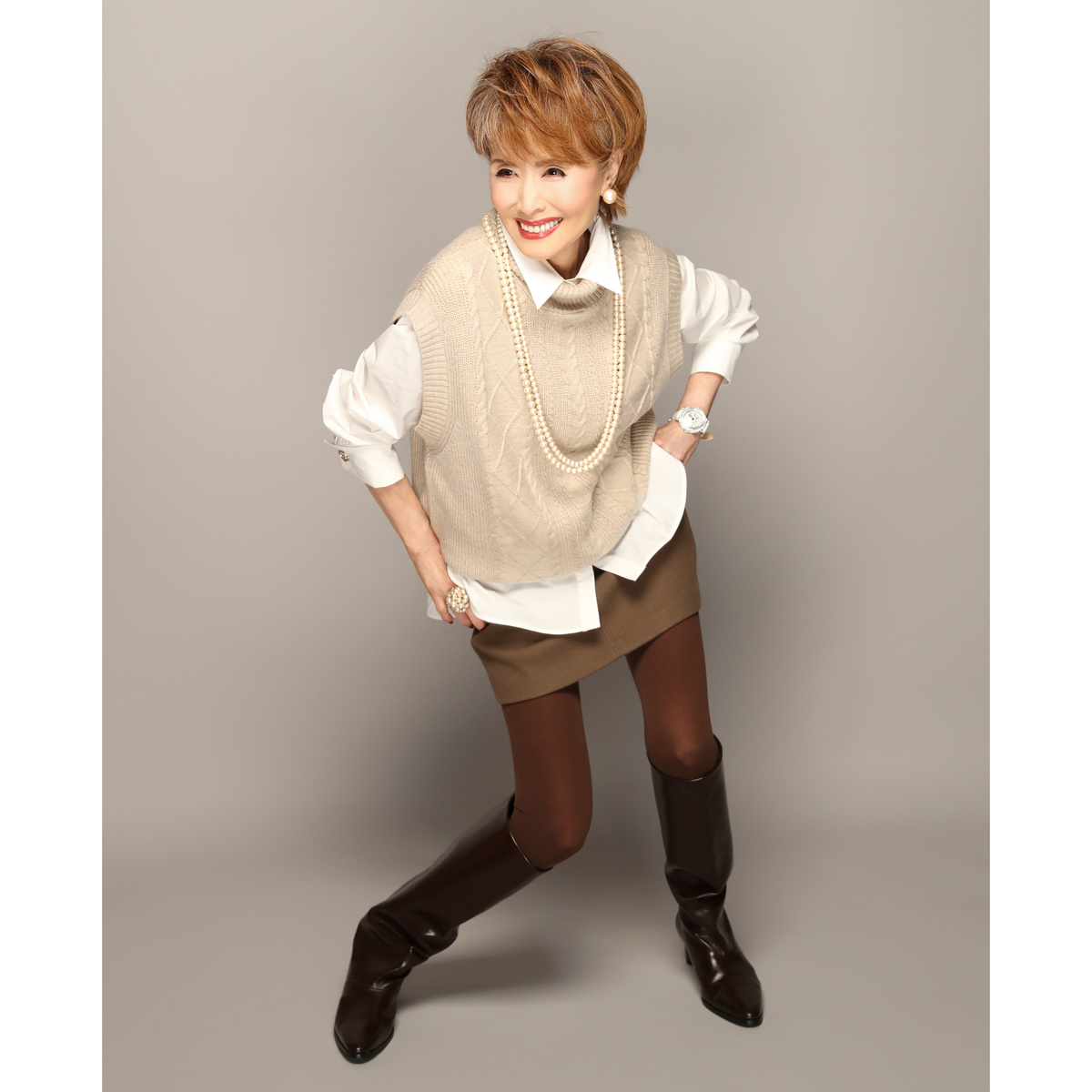 Anne Coquine ウールミックスケーブル編みタートルニットベスト