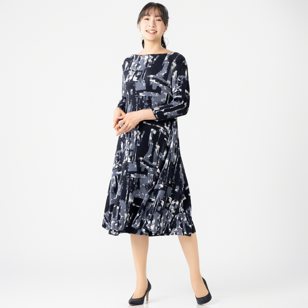 SPECCHIO シャトルプリーツフリーサイズ7分袖フレアワンピース