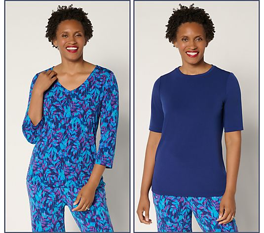 Susan Graver Set of 2 Liquid Knit Print & Solid Tops - QVC.com