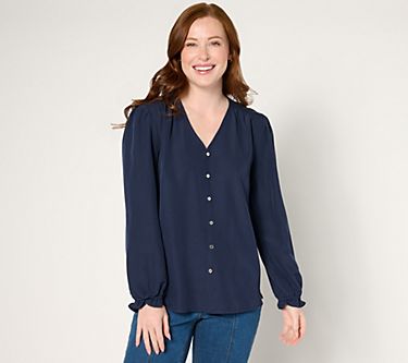 Denim & Co. Mixed Media Woven/Knit Long Sleeve Top - QVC.com