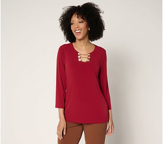 Susan Graver Liquid Knit 3/4-Sleeve Top w/ Chain Detail - QVC.com