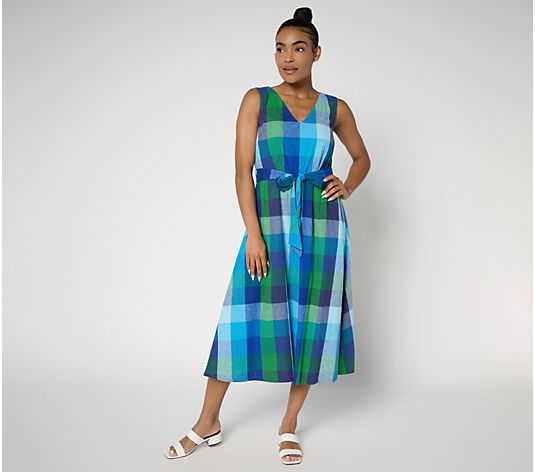 Isaac Mizrahi Live! Regular Madras Plaid Midi Dress with Self Belt