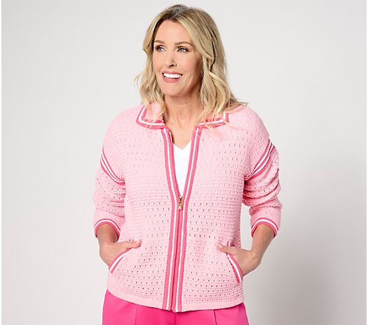 Isaac Mizrahi Live! Clubhouse Crochet Zip Front Sweater Cardigan