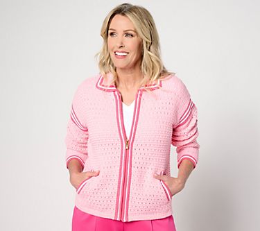 Isaac Mizrahi Live! Clubhouse Crochet Zip Front Sweater Cardigan