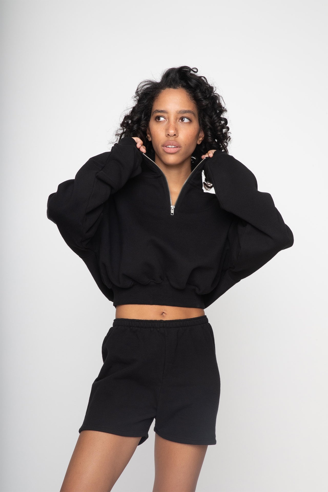 Cropped Half Zip Sweat in Black