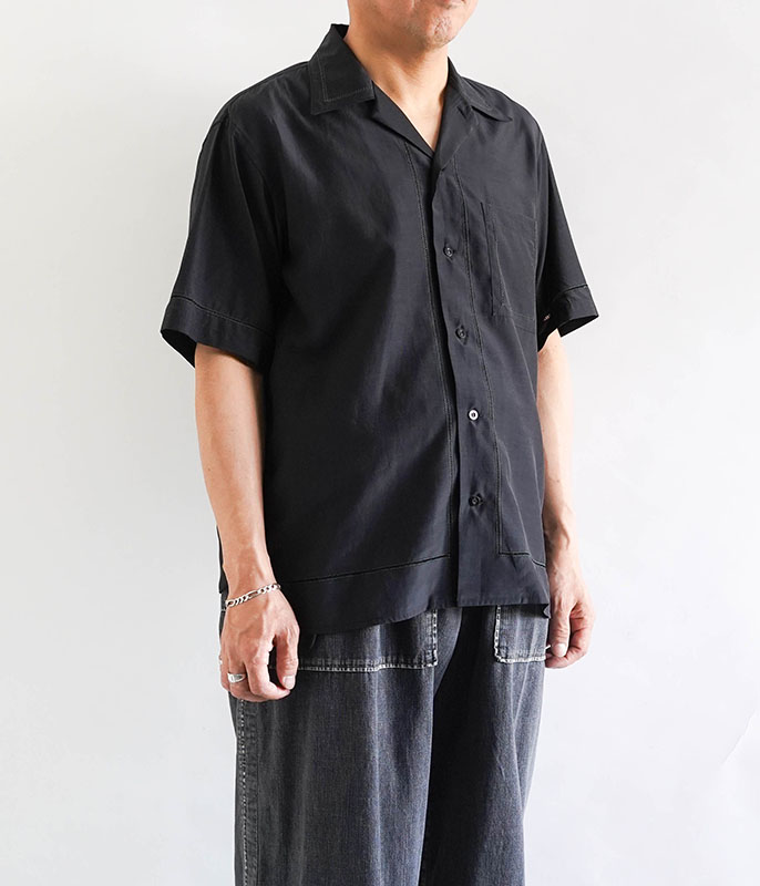 YOKE EMBROIDAREY OPEN COLLAR SHIRT [BLACK] - Fresh Service