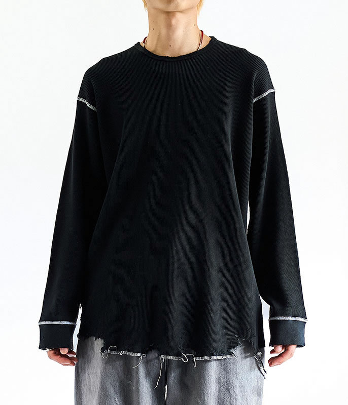ANCELLM DAMAGE WAFFLE CREW LS T-SHIRT [BLACK] - Fresh Service