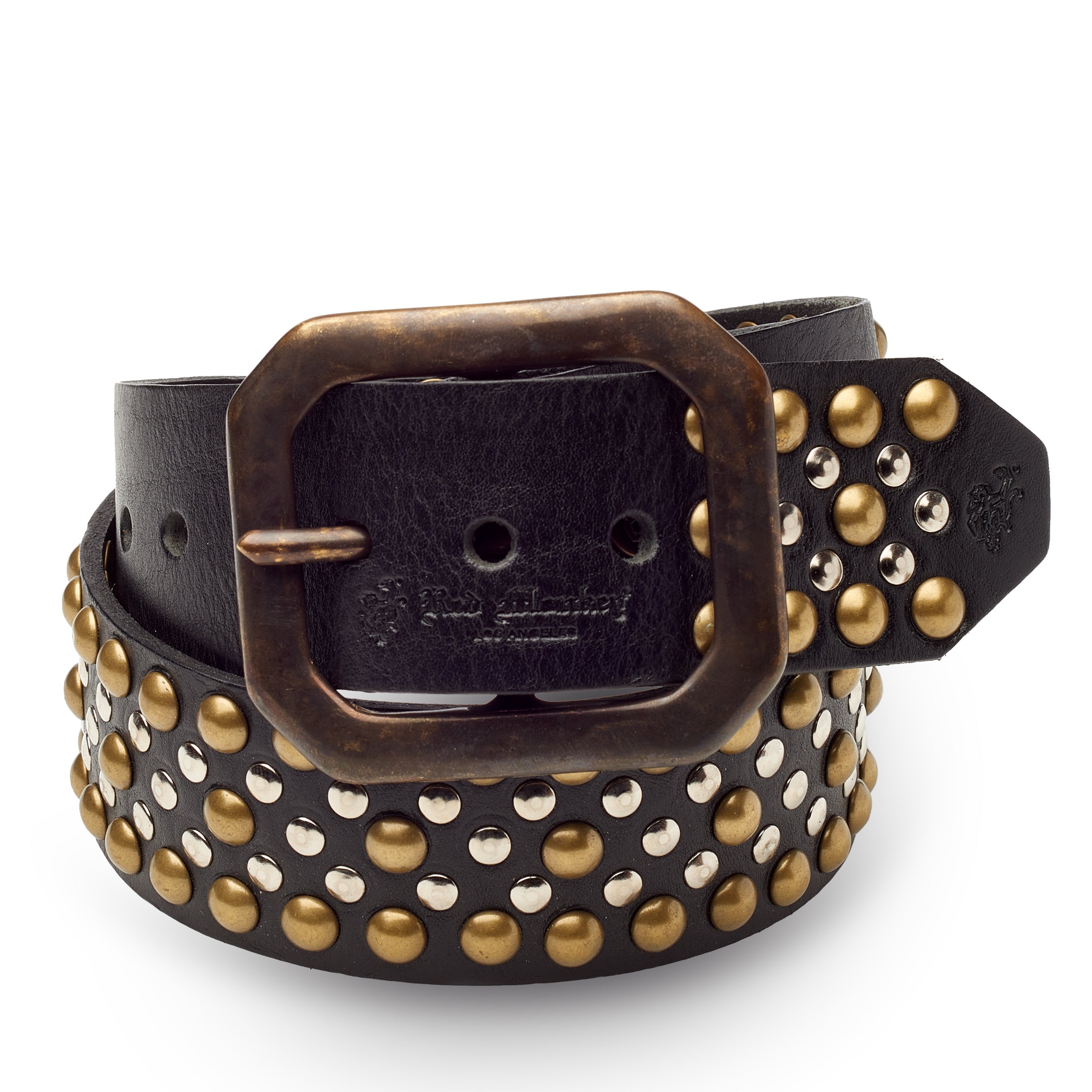 Men's Studded Punk Belt - Black Leather & 2-Toned Studs – Red