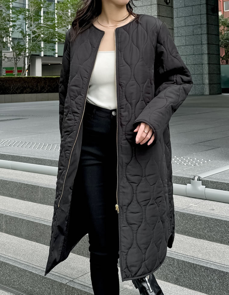 リサイクルタフタ裏ボア軽量中綿キルティングロングコート
