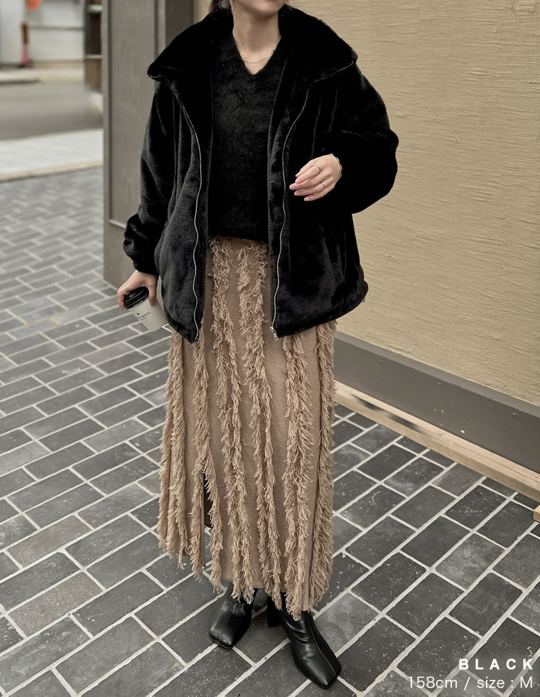 ハイネックドロスト付きフェイクファージャケット - ジャケット