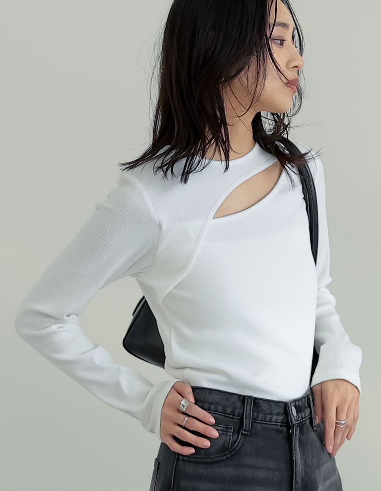 ストレッチリブカットアウトデザイントップス - トップス通販 | 人気