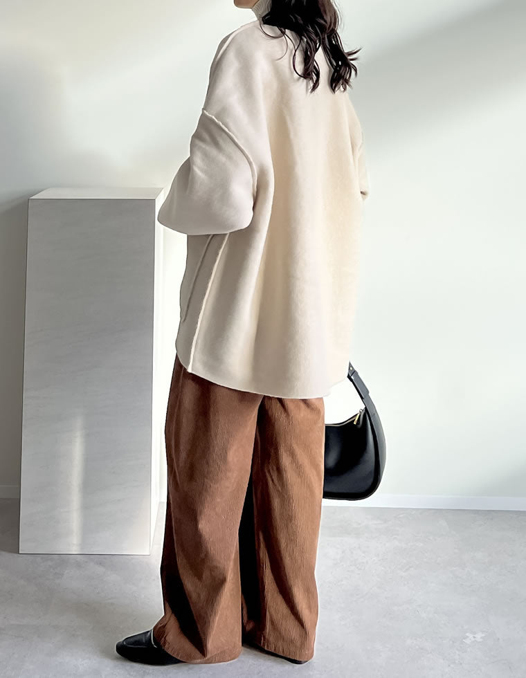 リバーシブルフェイクウールorシープライクボアノーカラーミドルコート