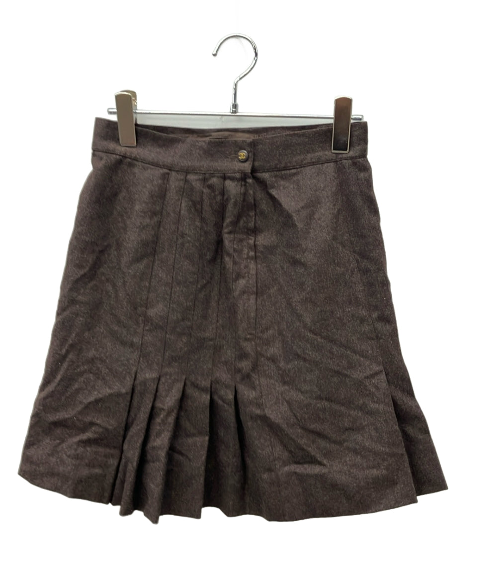 CHANEL ミニスカート ココマークボタン付き プリーツ ウール シルク100