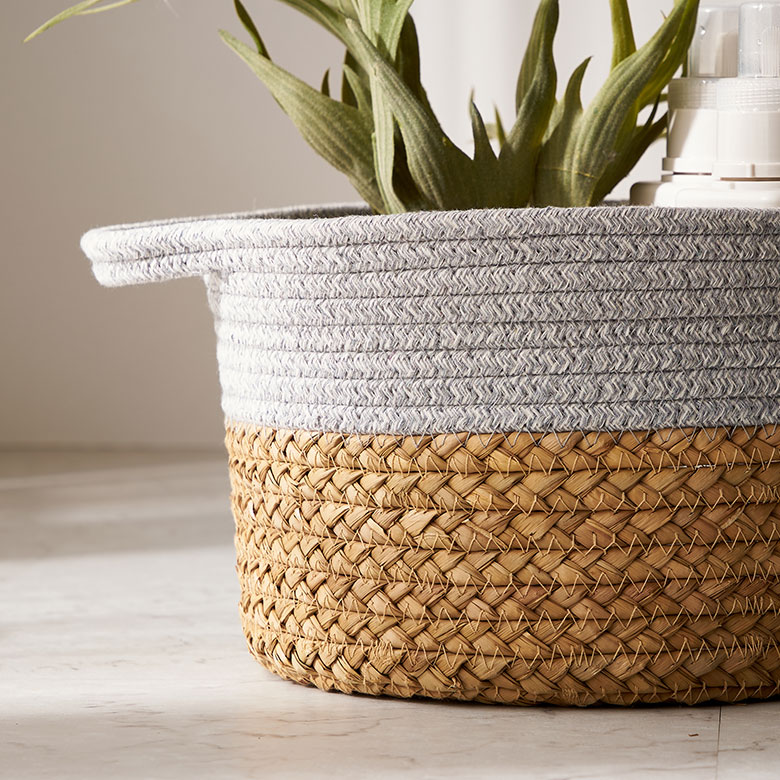 バスケット コットンロープ ラッシュ製 持ち手付き バイカラー Lサイズ