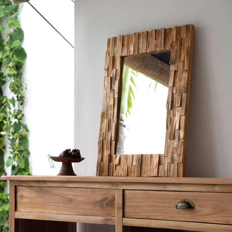 ミラー 壁掛け 木製 フレーム 木枠 正方形 チークウッド ナチュラル L