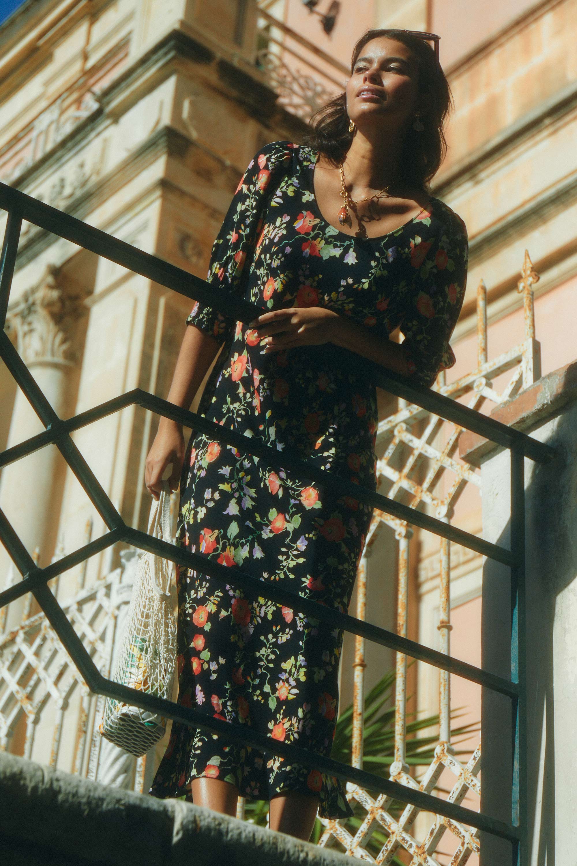 Oleander Midi Dress in Black Waterblossom Noir | RIXO USA ⋆