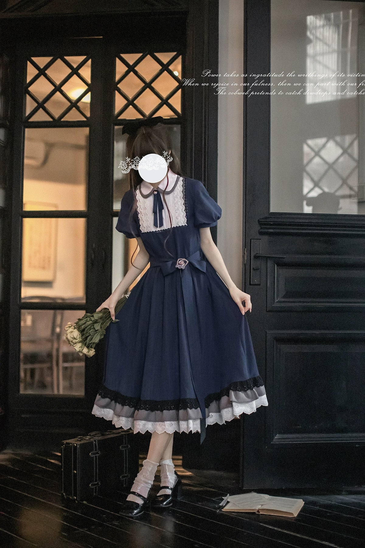 予約販売】Phyllis ネイビーチェックのエレガントレトロ半袖ワンピース